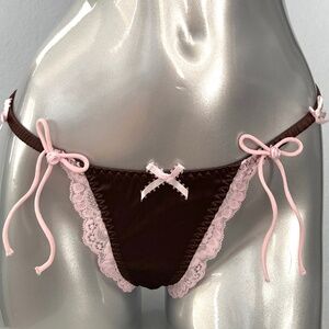 For Love & Lemons Satin Brown Pink Lace Jaden Thong Panty Nwt Small S